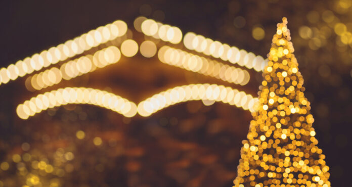 Christmas - texture background with light christmas market with text box