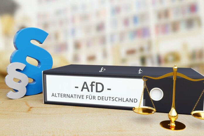AfD (Alternative für Deutschland) – Ordner mit Beschriftung, Paragraf und Waage – Recht, Gesetz, Anwalt