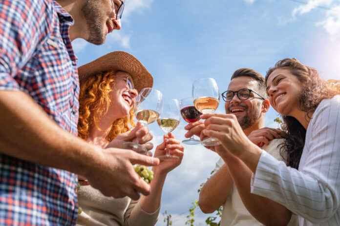 Happy friends having fun drinking wine at winery vineyard - Friendship concept with young people enjoying harvest time together