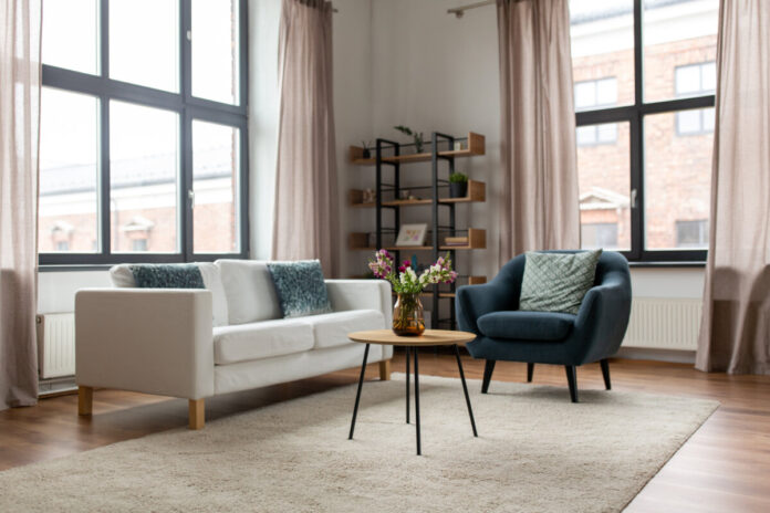 sofa with cushions at cozy home living room